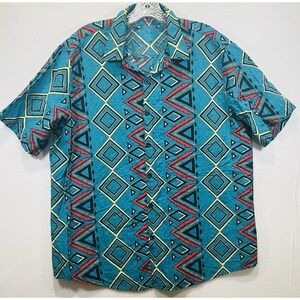 VATPAVE Men's Short Sleeve Button Up Blue Geometric Pattern Shirt XL
